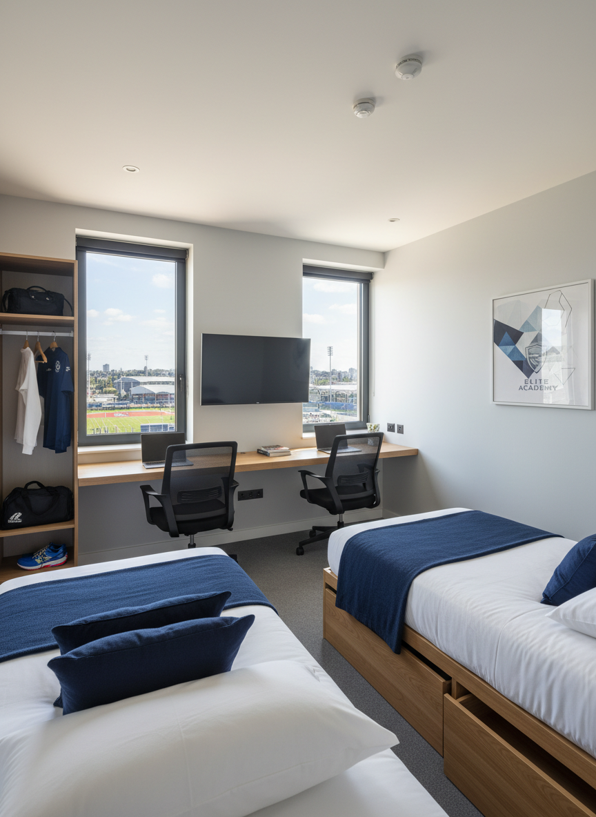A bright, contemporary living space designed specifically for elite young athletes, featuring a pair of neatly made single beds with crisp white linens, navy accent throws, and integrated under-bed storage drawers. A long, sleek oak desk with two ergonomic task chairs faces a large window, overlooking a blurred urban sports complex. Natural daylight pours in, balanced by discreet recessed ceiling lights, creating a clean, professional atmosphere. A wall-mounted smart TV, subtle academy-branded artwork, and a compact open wardrobe complete the room. Photographic realism, shot at eye level with a wide-angle lens, sharp focus throughout, emphasizing order, comfort, and functionality—conveying a calm, "home from home" environment ideal for focused rest and recovery.