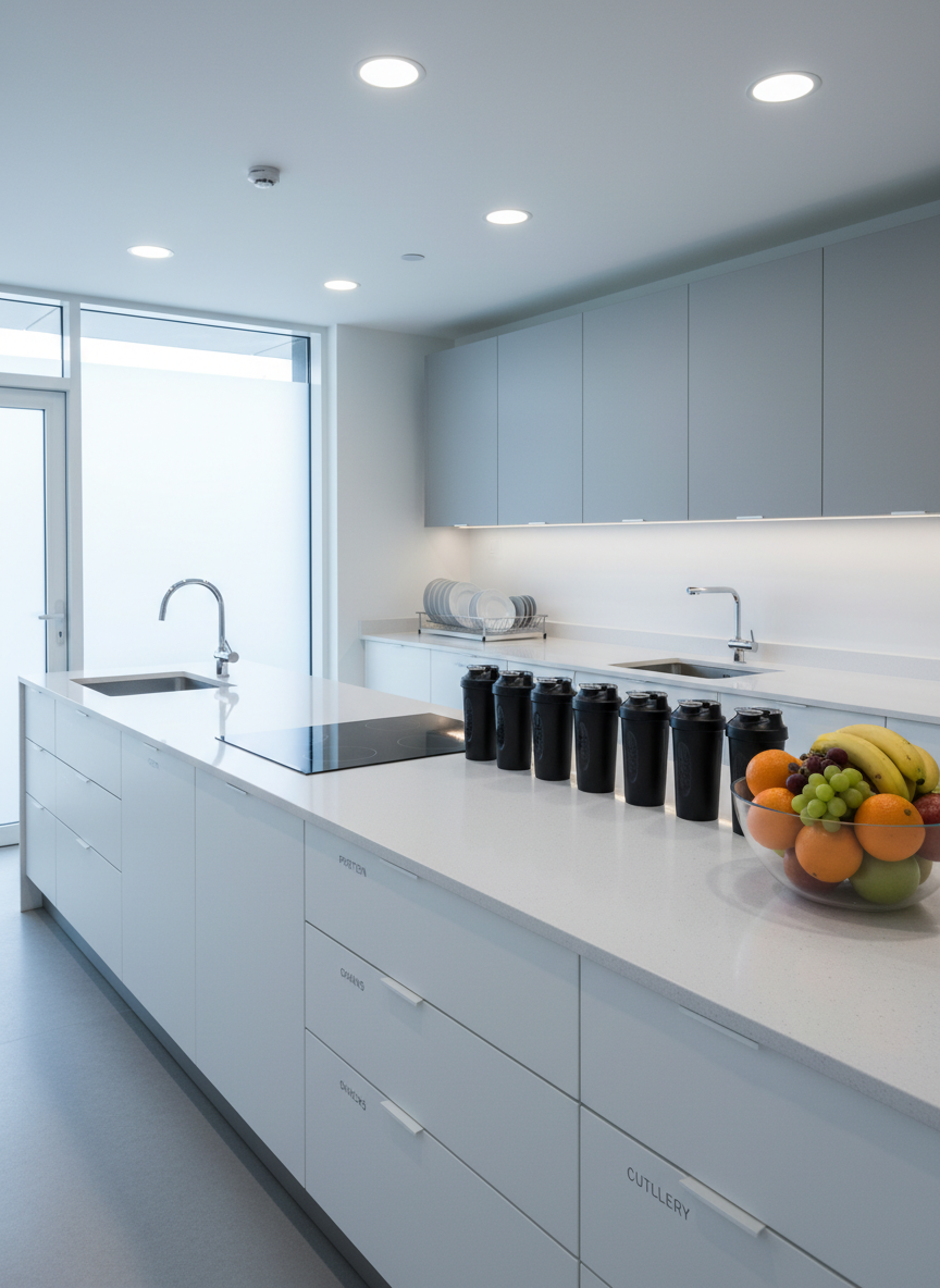 A pristine, modern shared kitchen tailored for professional sports academy accommodation, showcasing a long quartz countertop with integrated induction hobs, deep stainless-steel sinks, and neatly labelled storage drawers. Upper cabinets in matte dove-grey line the wall, with subtle under-cabinet LED strips creating crisp, functional task lighting. On the counter sit a row of identical shaker bottles, a large bowl of fresh fruit, and a neatly arranged rack of clean plates. Soft daylight from a frosted side window combines with cool, even ceiling lighting to create a hygienic, efficient atmosphere. Photographic realism, wide-angle lens from the corner of the room, sharp focus and clean lines emphasizing organization, nutrition, and professionalism in the living environment.