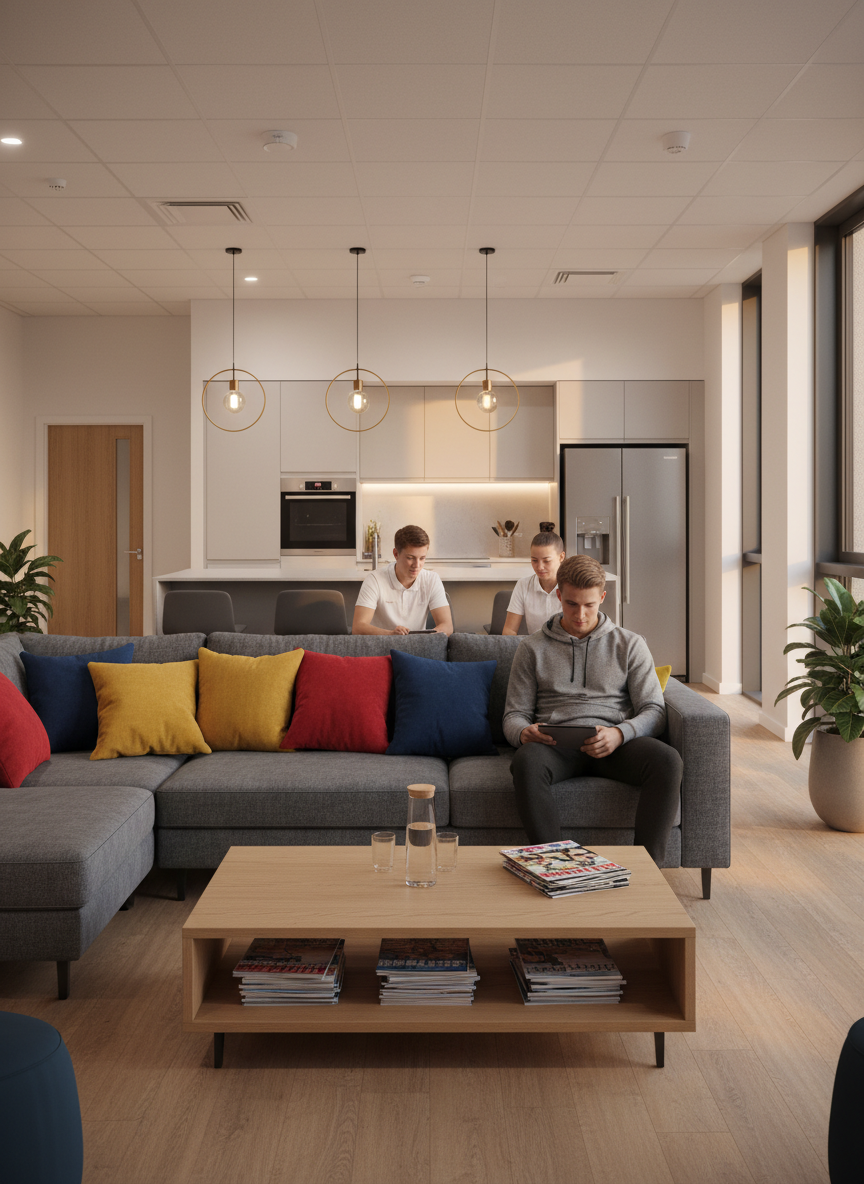 A polished communal lounge for managed athlete accommodation, centered on a large modular charcoal-grey sofa with durable, textured upholstery and bright, structured cushions in academy colors. A low, light-oak coffee table holds neatly stacked sports magazines and a single sleek water carafe. In the background, a discreet kitchenette with stainless-steel appliances and matte white cabinetry lines one wall. Warm pendant lighting hangs above, complemented by soft evening light filtering through tall windows, casting gentle reflections on the laminate wood floor. Photographic realism, slightly elevated angle, balanced composition showing both relaxation and practicality, with a calm, professional mood suggesting a safe, social space where high-performance residents can unwind together after training.
